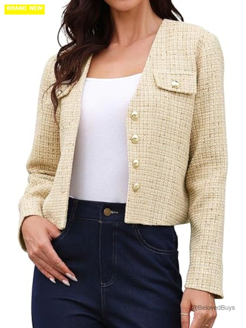 Tweed Plaid Blazer Jacket Long Sleeve Button Down Collarless Cropped Business